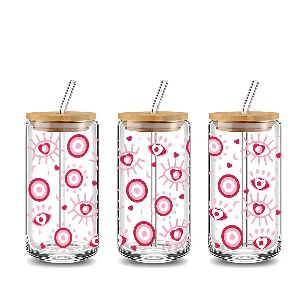 Cute Pink Evil Eye Heart Pattern 16oz Glass Can Cup with Lid and Straw,Ideal for Iced Coffee, Hot Chocolate, Juice, Smoothie, Stylish Fashionable Glassware, Perfect Gift for Coffee Lovers, Birthday, Housewarming, Friends & Family
