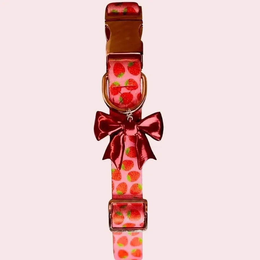 Nug & Penny Pink Strawberry Dog Collar with Red Sailor Bow Charm & Rose Gold Hardware Stylish Fruit Design for Dogs