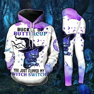 Halloween Cat Witch Buckle Up Buttercup Purple Hoodie And Legging All Over Printed