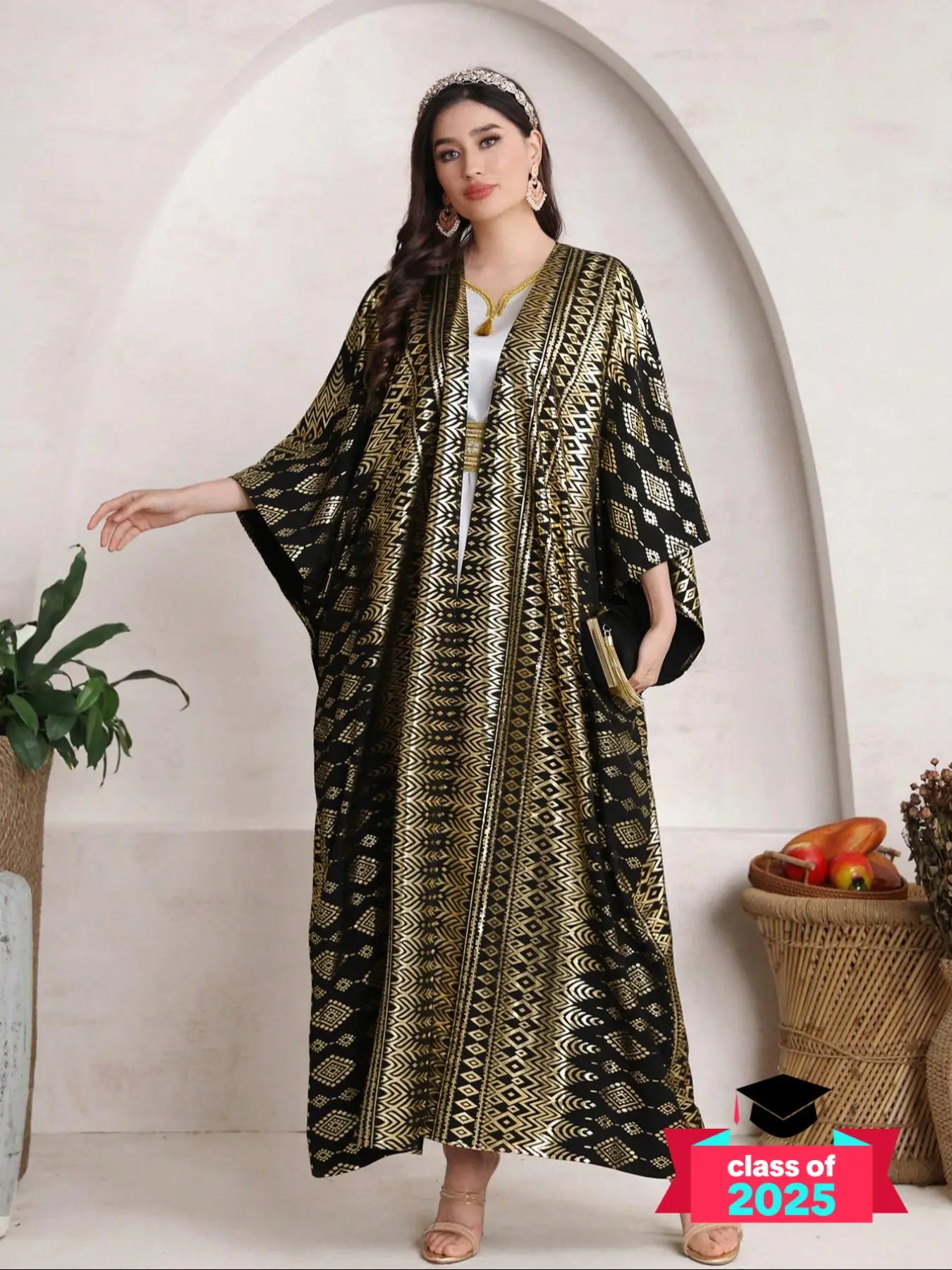 Women's Ethnic Pattern Embroidered Abaya, Modest Long Sleeve Open Front Abaya for Daily Wear, Ladies Islamic Clothing for All Seasons