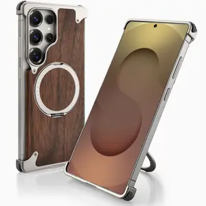 Oatsbasf Magnetic Wood Case for Samsung Galaxy S24 Ultra & S25 Ultra Natural Wood Aluminum Shockproof Cover 360° Ring Stand Metal Protection
