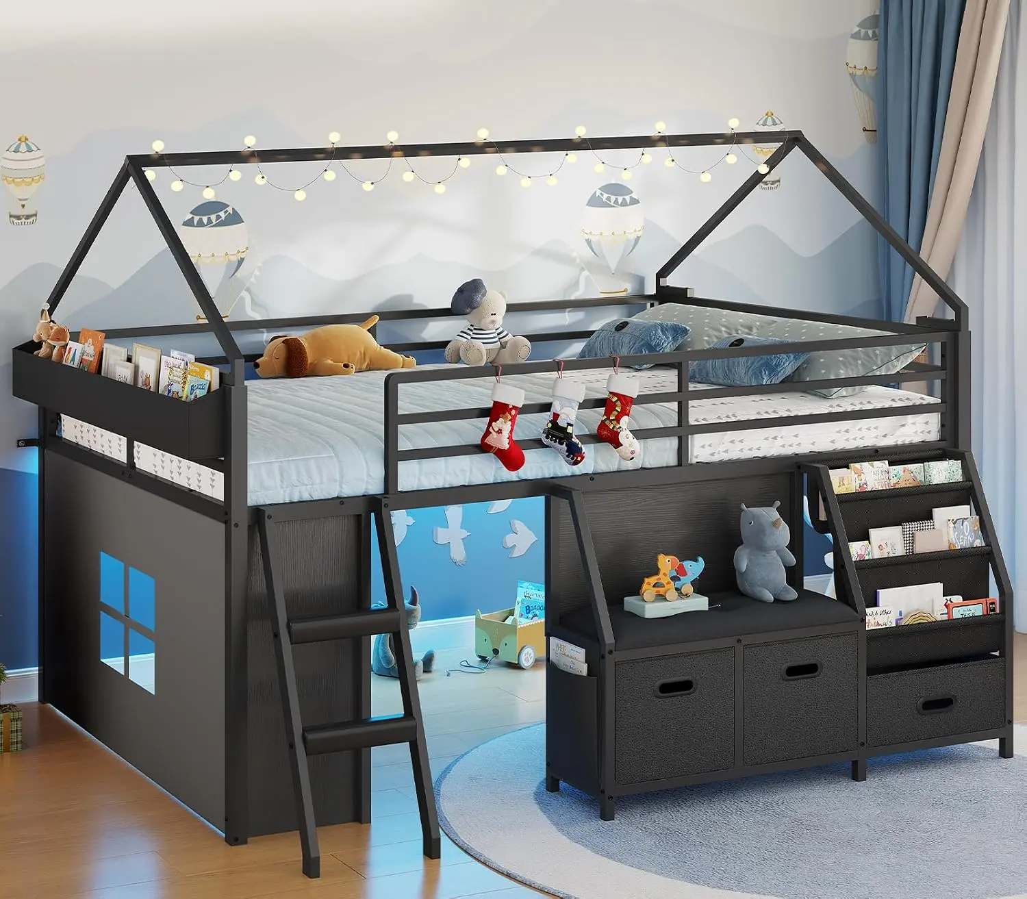 ADORNEVE Low Loft Bed Full Size with Bookshelf, Reading Nook & 3 Drawers | Black Loft Bed, LED Light, Storage Drawers, Under-Bed Play Space, Safety Guardrail, Inclined Ladder, Play Curtain