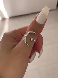 Adjustable Fashion Zinc Alloy Ring 1pc - Open Sun and Moon Couple's Ring with Rhinestones - Ideal for Parties, Outdoors, Valentine's Day Gift for Him/Her Rhinestone Decor Ring