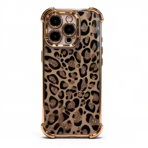 High-end Shiny Brown Leopard Print Four-Corner Shockproof Phone Case Suitable for Apple iPhone 14/15/16/13/12/11 Pro Max,14/15/16 Plus,XR,XS,X – Perfect Gift for All Seasons