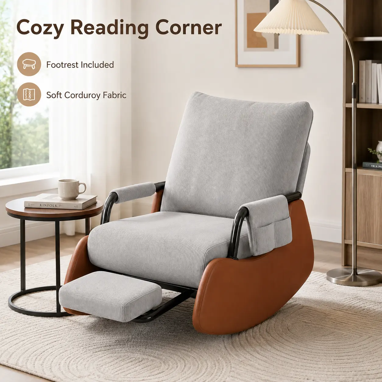 Adjustable Rocking Floor Chair with Retractable Footrest, Corduroy Reclining Lounge Chair for Adults with Thick Cushion, Metal Armrests and Side Pocket, Foldable Reading Gaming Chair for Bedroom and Living Room, Gray
