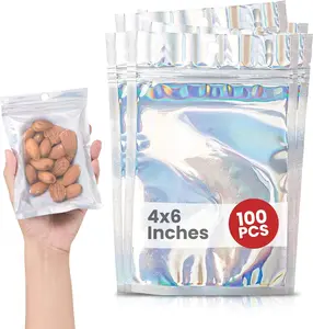Holographic Mylar Bags (4x6 In - 100 Pcs)Smell Proof Resealable Bags for Small Business with Sealing Strip - Zip Lock Bags with Aluminum Foil Rainbow Color Pouch