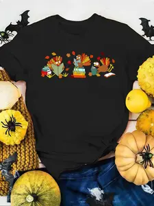 100% Cotton Women T-shirt Turkey Reading Books Fall Thanksgiving Teacher Book Lovers T-Shirt  Print Round Neck Short Sleeve T-Shirt For Women Casual, Summer, Women Top Graphic Tees Women Tops