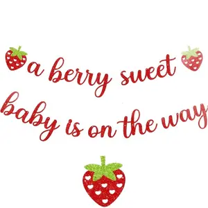 6.5-Foot Birthday Party Decor Hanging Banner Strawberry Theme Glitter 1-Piece Banner “A Berry Sweet Baby Is on the Way” Baby Birthday Party Decor Banner Party Decoration Prop, Gender Reveal, Suitable for First Birthday Photo Backdrop