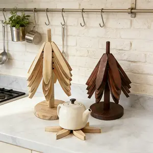 Wooden Cup Mat Set for Hot Dishes - Christmas Tree Design! This heat - resistant set includes 4 walnut - wood trivets and 1 stand, stored like a Christmas tree. foldable kitchen decor art, for pots, bowls, coffee mugs, teapots and hot pots, Coasters