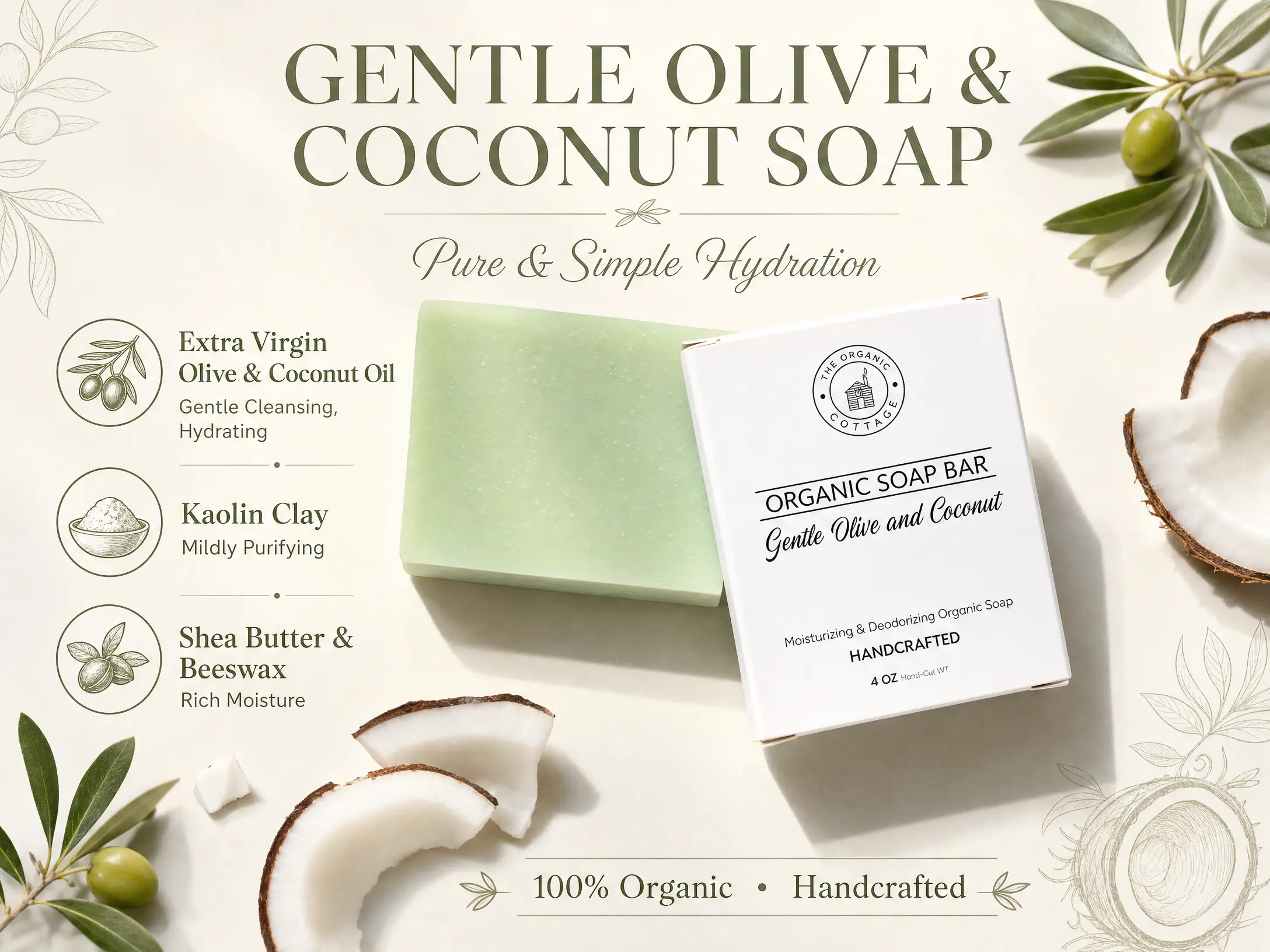 Unscented Gentle Olive and Coconut Soap Organic Moisturizing Handcrafted Soap Bar 4 oz