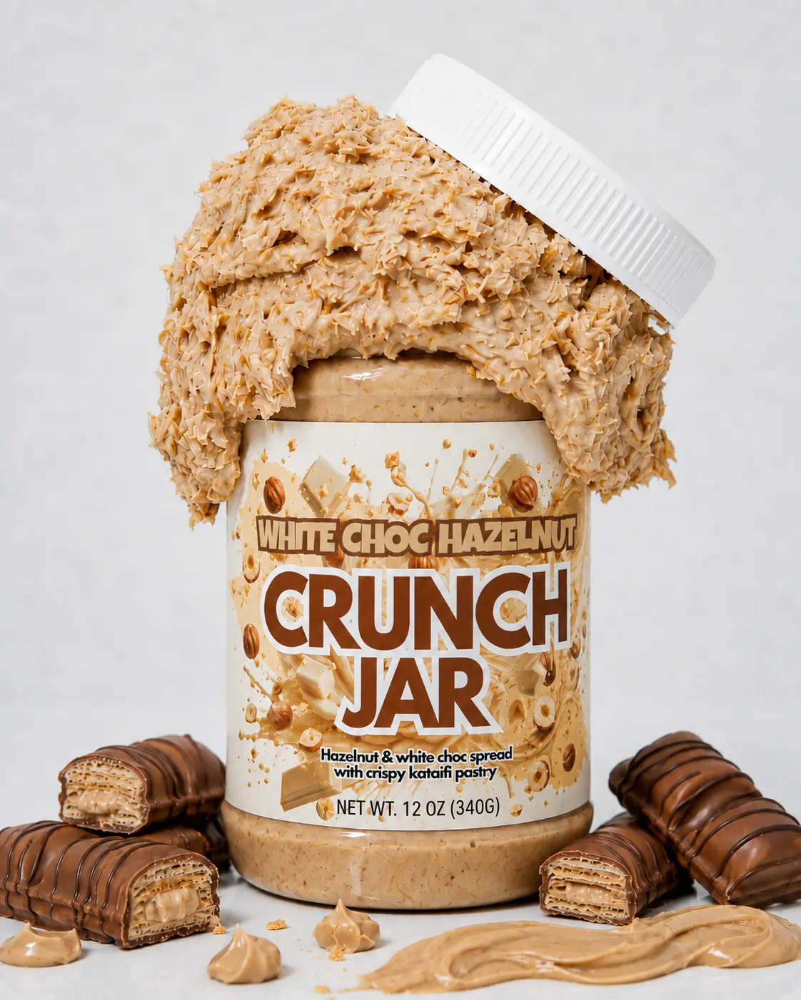 White Chocolate & Hazelnut Crunch Jar- 12 Oz - Dubai Chocolate Spread - Dubai Chocolate Filling/Dip - Dessert Spread Loaded with Crispy Kataifi Pastry