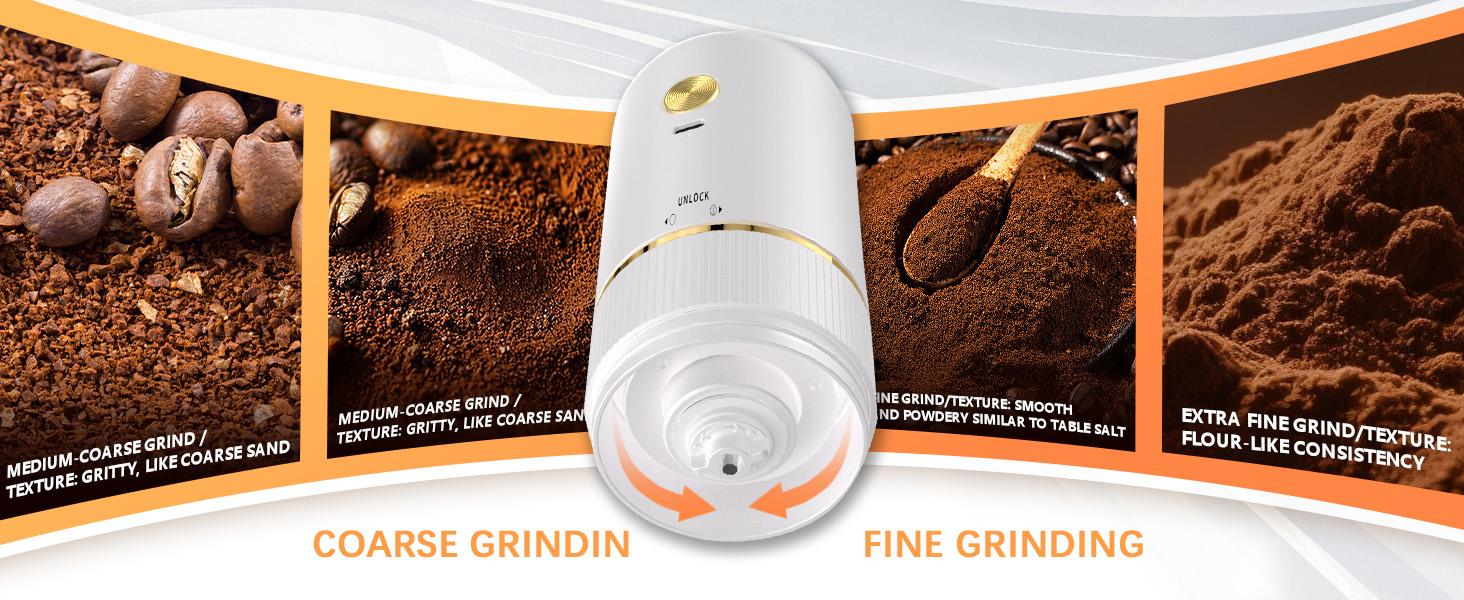 Portable Electric Coffee Grinder, Automatic Coffee Grinder with USB Type-C wireless charging design, Adjustable Coarse to Fine for coffee beans, grains, cleaning brush + cable Includes Portable Electric Coffee Grinder, Automatic Coffee Grinder with USB Type-C wireless charging design, Adjustable Coarse to Fine for coffee beans, grains, cleaning brush + cable Includes