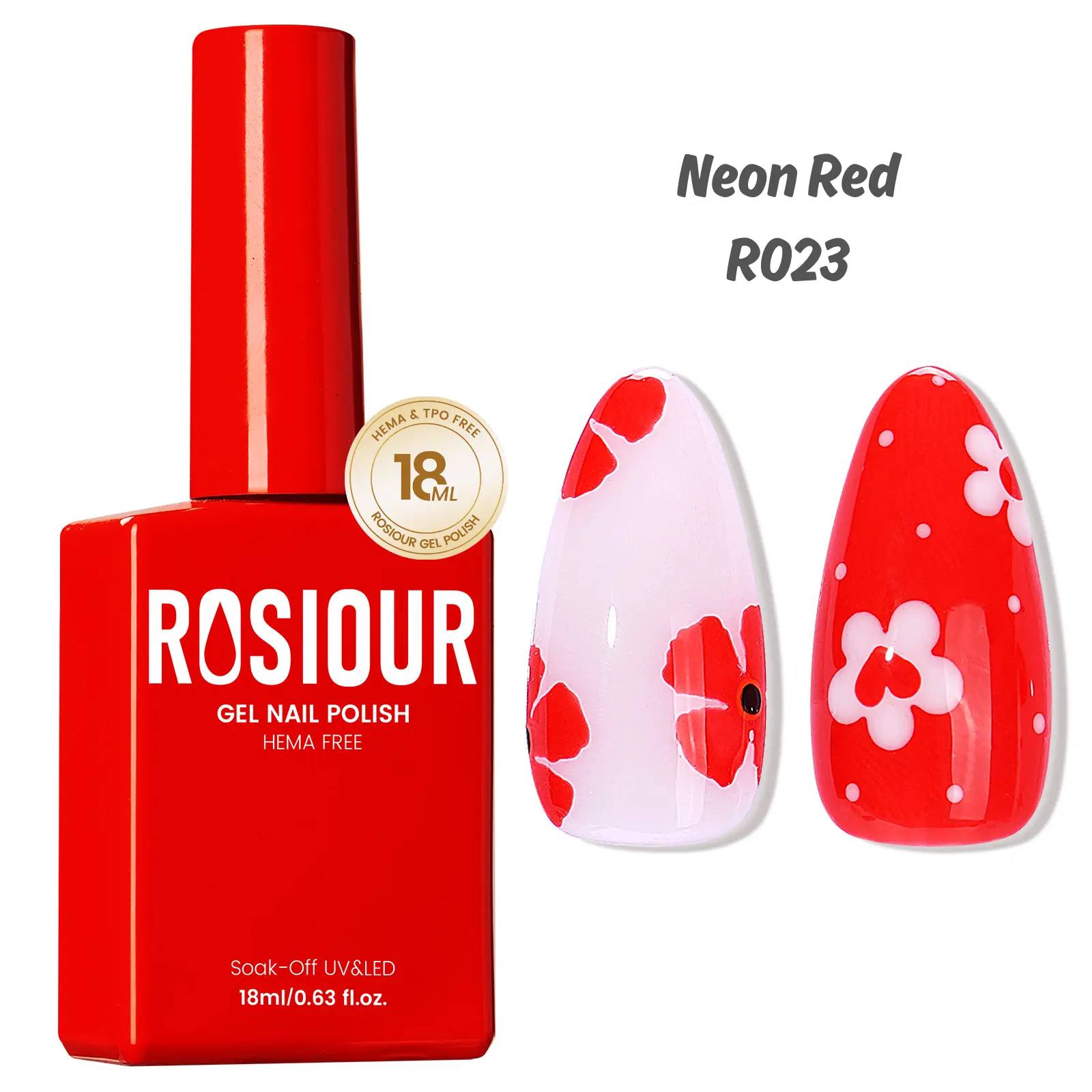 ROSIOUR 18ml Gel Polish | Neon Red R023 | HEMA-Free, TPO-Free | Rich Pigment, Smooth Coverage, Glossy Finish | Perfect for Nail Art & DIY Manicures