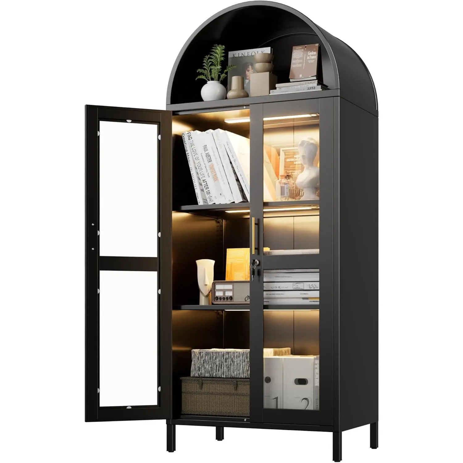 Black High-Quality Steel Modern Metal Arched Display Cabinet - Lockable Glass Doors, 3 LED Strips, 2 Adjustable Shelves, Self-Assembly, LED Lighting, Display Cabinet Living Room Furniture, Light Up Your Space