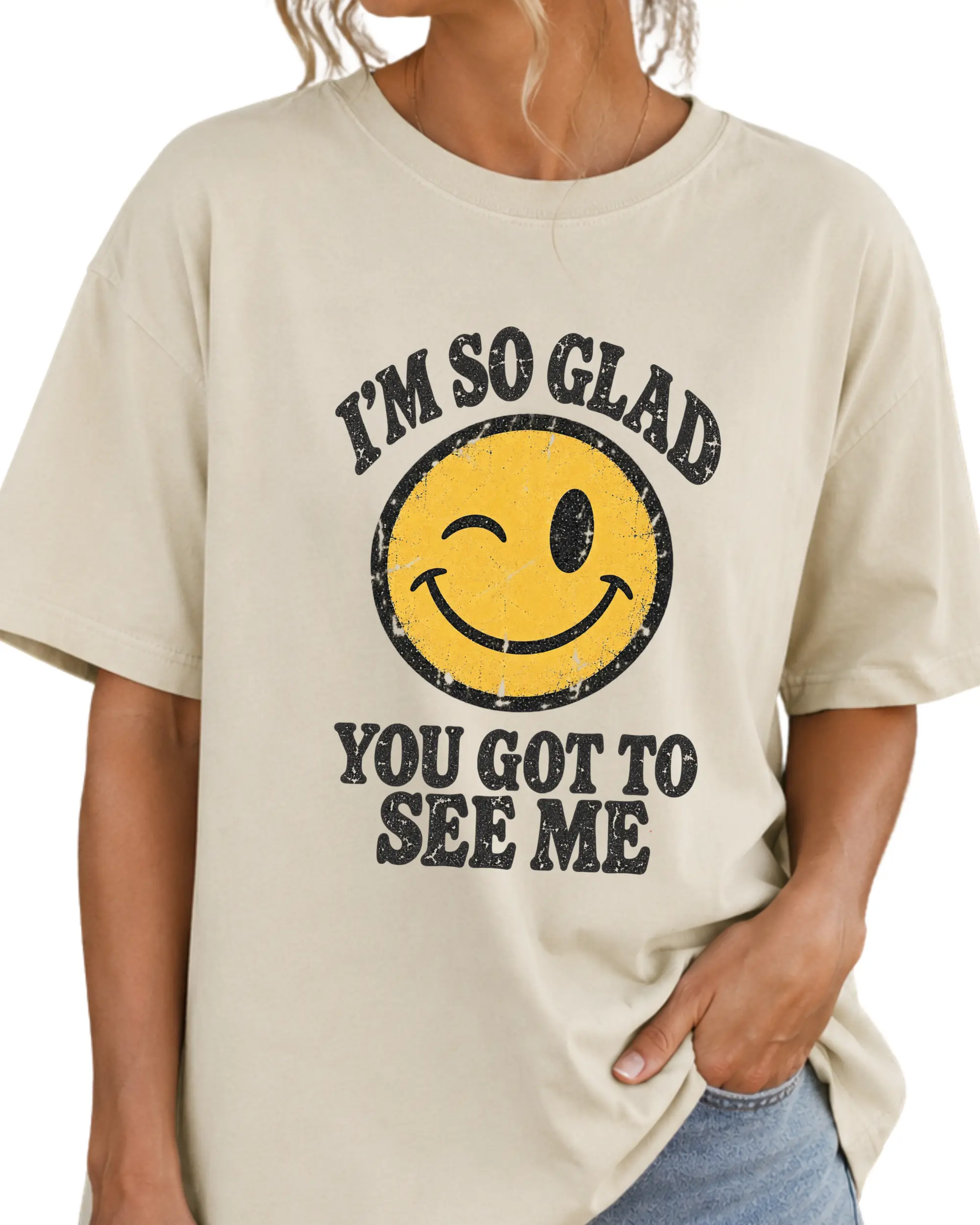 Men's Unisex Cotton Vintage Smiley Graphic T-Shirt - "I’m So Glad You Got to See Me" Print, Comfortable Fit, Classic Style