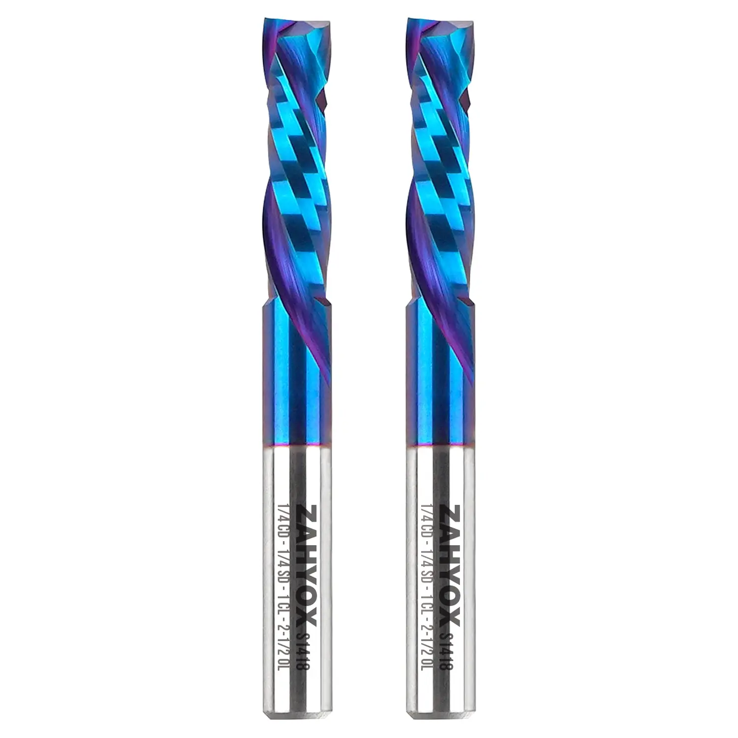 2Pack - S1418 Solid Carbide Compression Spiral Router Bits - 2 Flutes - 1/4 SD - 1/4 CD - 1 CL - 2-1/2 OL