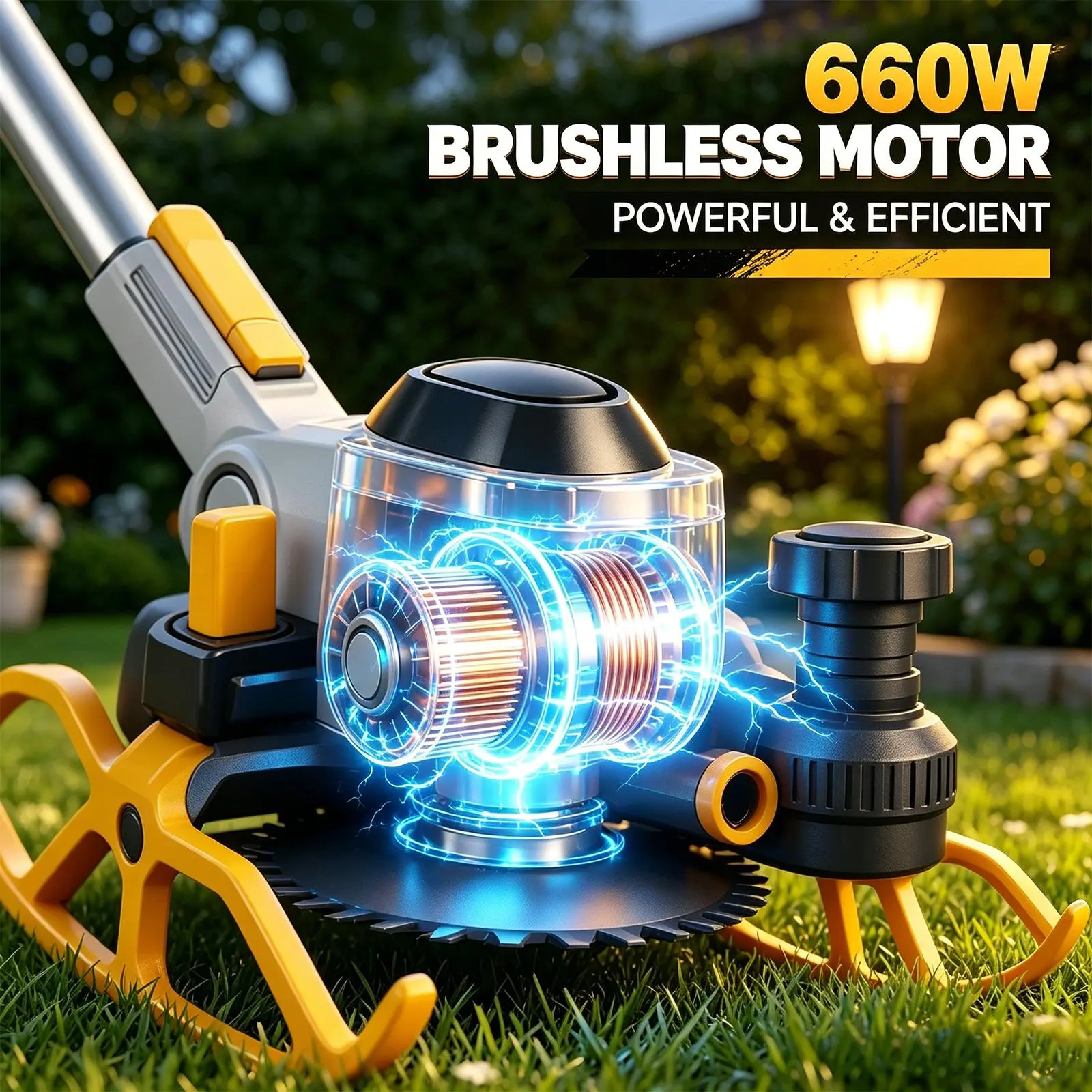 660W Brushless Wireless Grass Trimmer - Cordless Grasscutter Garden Lawn Trimmer, Electric Gas-Free Quiet Weed Wacker, 3 Blades for Edging Flower Beds & Under Bushes, Lightweight for Women, Dual Batteries for Fall Yard Work
