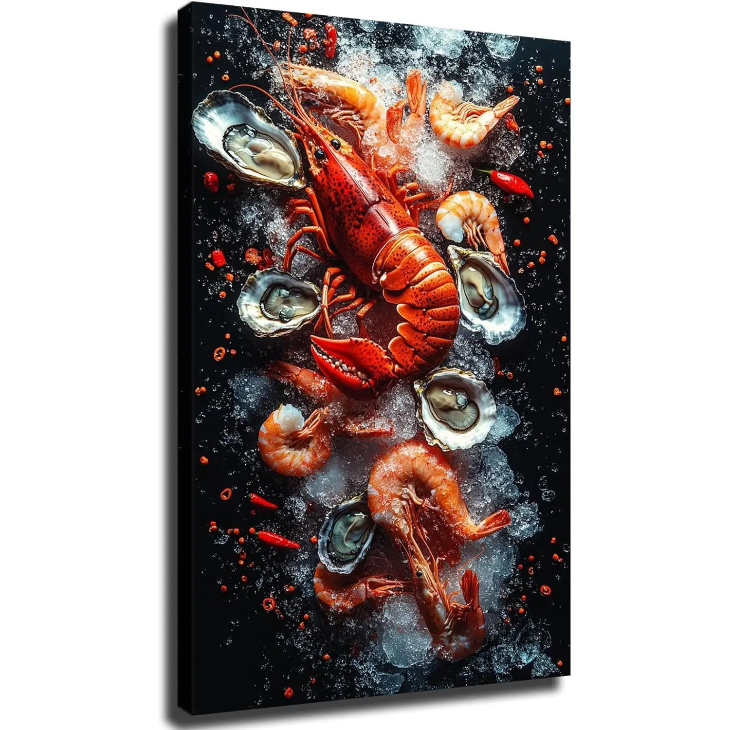 Vertical Seafood-on-Ice Artwork Print - Oysters, Shrimp Composition, Modern Canvas Wall Art for Bedroom, Living Room Home Decor