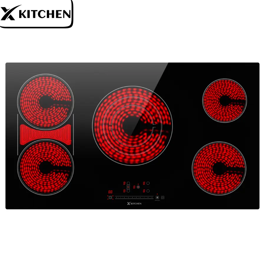 XKITCHEN Electric Cooktop 36 Inch Ceramic Stove 5 Burners 220-240V Black Touch Control Child Lock 9 Power Levels Timer 9200W Easy Clean