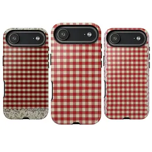 Red Plaid Gingham Phone Case for iPhone 7–17, Samsung S21–S25, Cream Check Pattern, Cozy Winter Gift, Classic Vintage Style, Cute Holiday Phone Cover, Minimal Warm Aesthetic Case