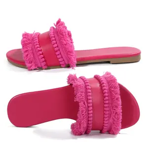Women Flat Slippers Fringe Decor Plain Straw Open Toe Slide Sandals for Vacation Outdoors