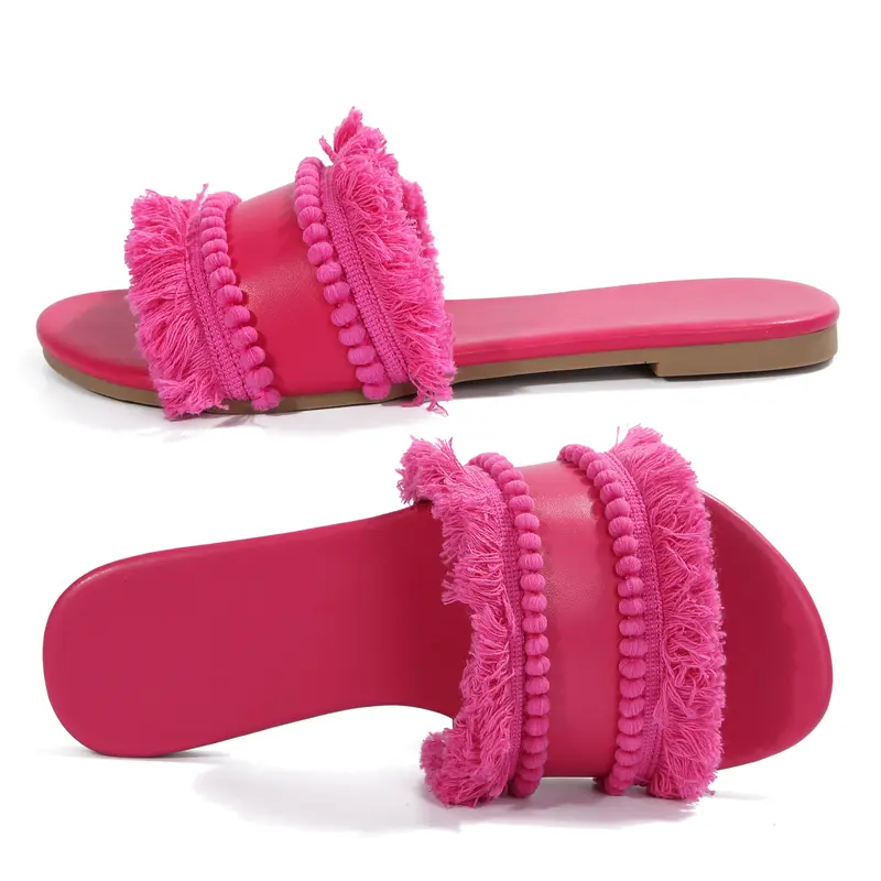Women Flat Slippers Fringe Decor Plain Straw Open Toe Slide Sandals for Vacation Outdoors