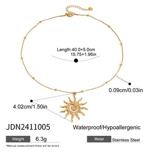 Elegant Stainless Steel Hammered Spiral Sun Pendant Necklace, Luxurious Titanium Steel Choker Chain, High-End Fashion Jewelry