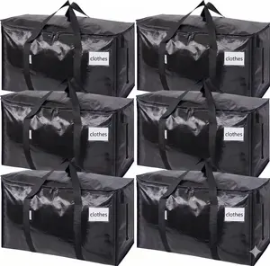 6-Pack Black Large Heavy Duty Totes, Visible Labels & Wrap-Around Handles, Travel Organizer Bag, Bedding Organizer Storage, Durable Lightweight Organiser, Space-Saving Storage Organization (Back to School Moving Box Alternative)