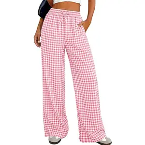 PRETTYGARDEN Women's Wide Leg Gingham Lounge Pants Summer Casual Plaid Trousers Spring Y2K Clothes Comfy Pajama Bottoms