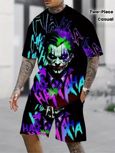 Men's Clown Print Fashion Set, Casual Short Sleeve Tee & Shorts Two-Piece, Trendy Regular Fit Graphic Design