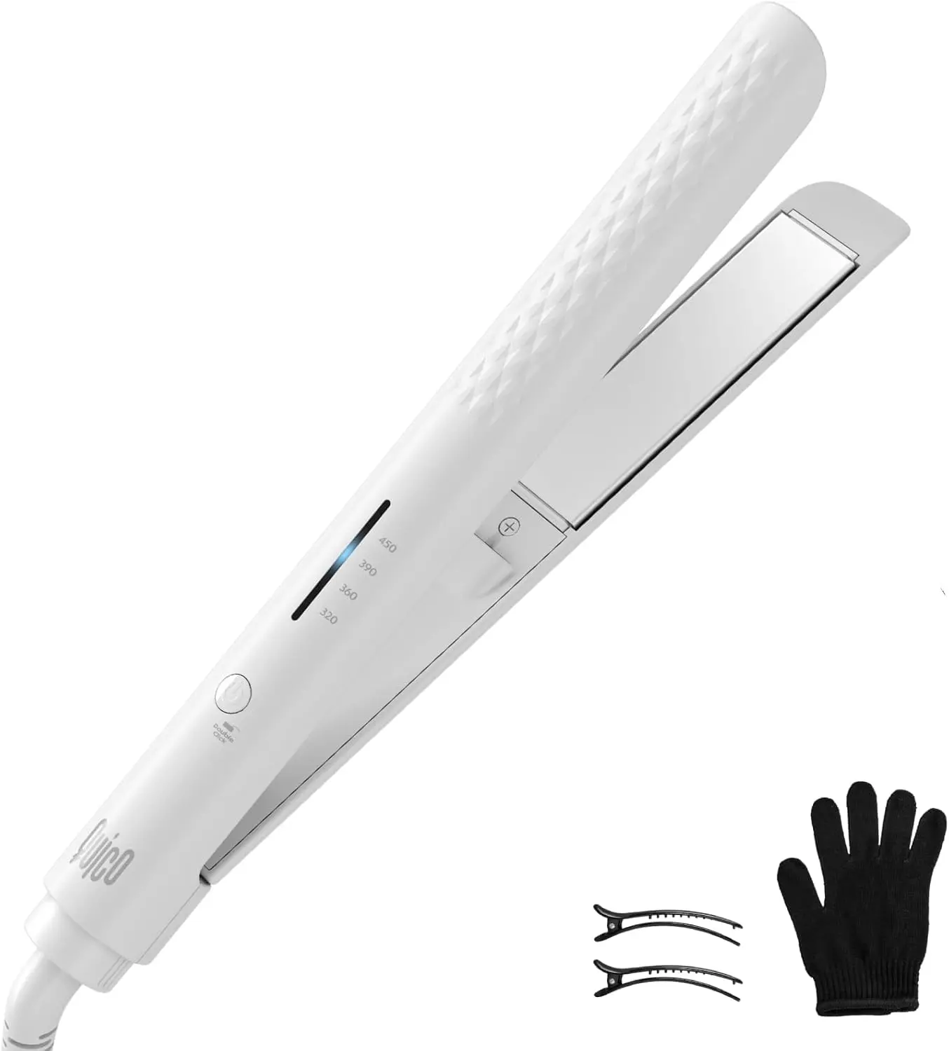 Quico Hair Straightener, 110-240V Flat Iron Hair Straighteners for Women | Travel Hair Straighteners 15s Fast Heat, Ceramic Negative Ion Plate, 320-450℉, Temp Memory, Auto-Off, with Glove&Clips, White