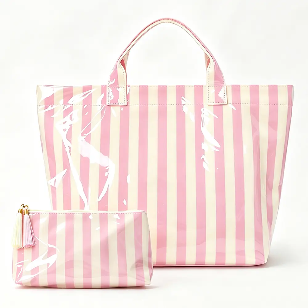 2 Packs Tote Bag for Women Striped PVC Tote Bag Beach Tote Bags, Waterproof Handbag for Travel, Pool, Summer Travel Vacation Purse