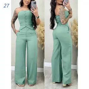 2pcs Outfit Bandeau Button Decor Vest Top And Casual Wide Leg Pants Set Clothes Fabric 2 piece sets women