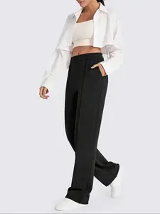 Elegant Women's Pocketed Solid Color Minimalist Line Design Elastic Waist Plus Size Casual Long Pants, Comfortable and Stylish Ladies' Trousers