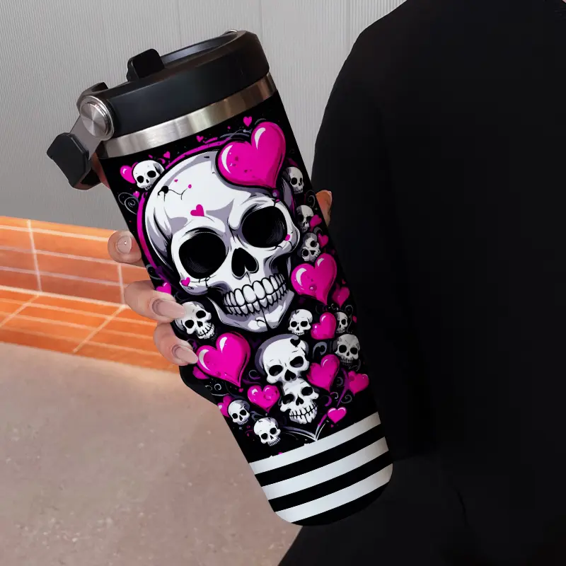 30oz Large Capacity Portable Insulated Water Bottle Mug Tumbler, Halloween Skull Design, Stainless Steel Double Wall, Straw Lid, Insulated Drinkware, Drinkware Flasks, Ideal Gift for Christmas & Festivals