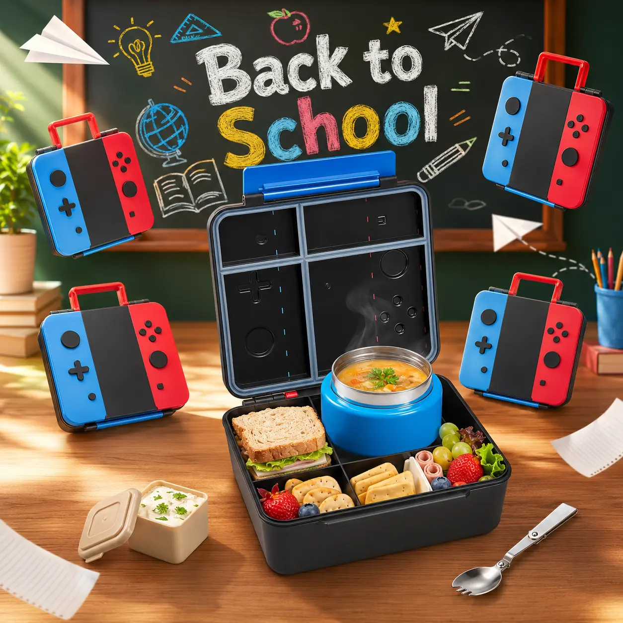 PAWTONG Kids' Insulated Steel Lunch Box Set with 9oz Leakproof BPA-Free Soup Thermos Jar, 4 Tableware Pieces, Built-In Handle, Lid - Ideal for School, Trips, portable Lunch warmer Boxes
