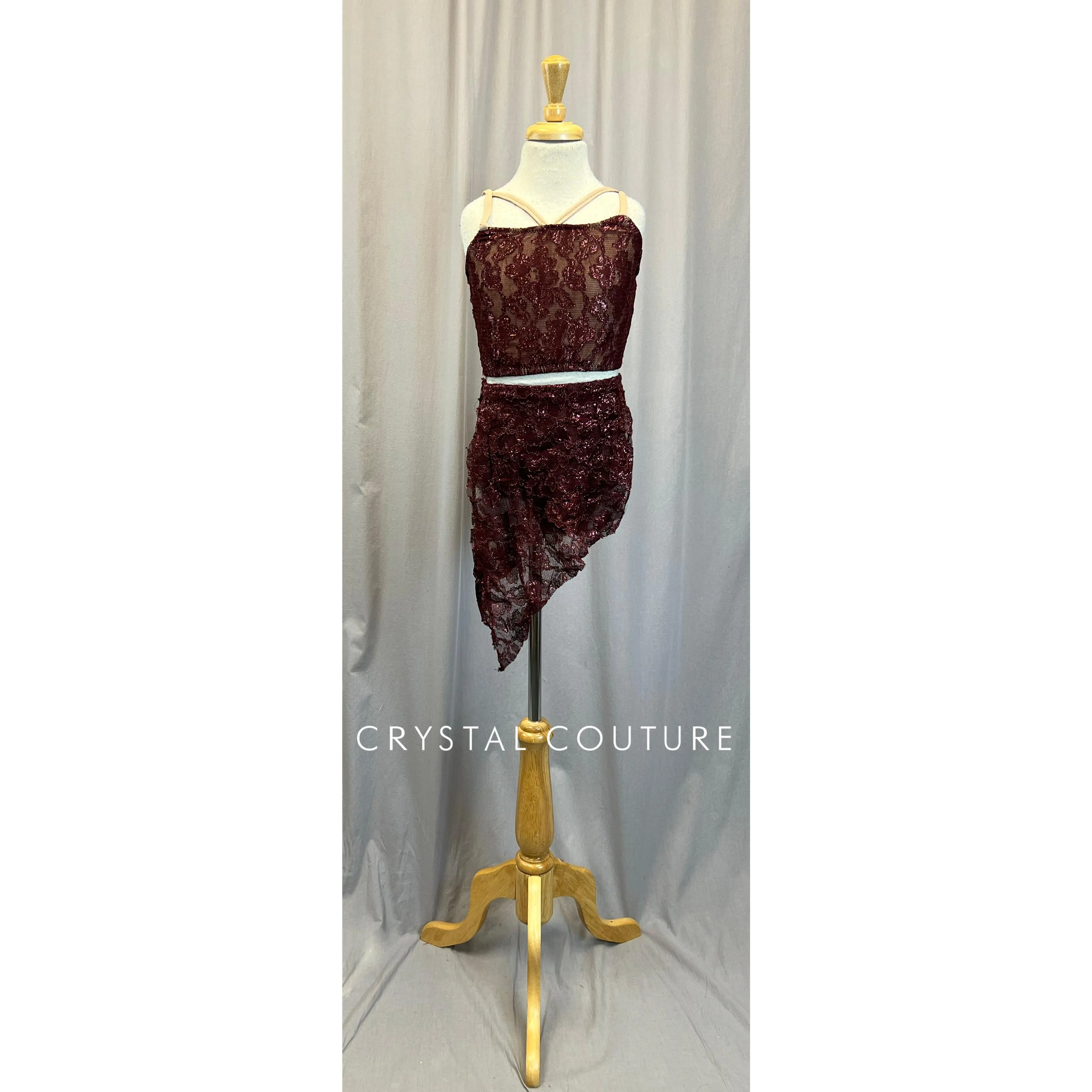 Maroon Lace Crop Top and Skirt Two-Piece Set
