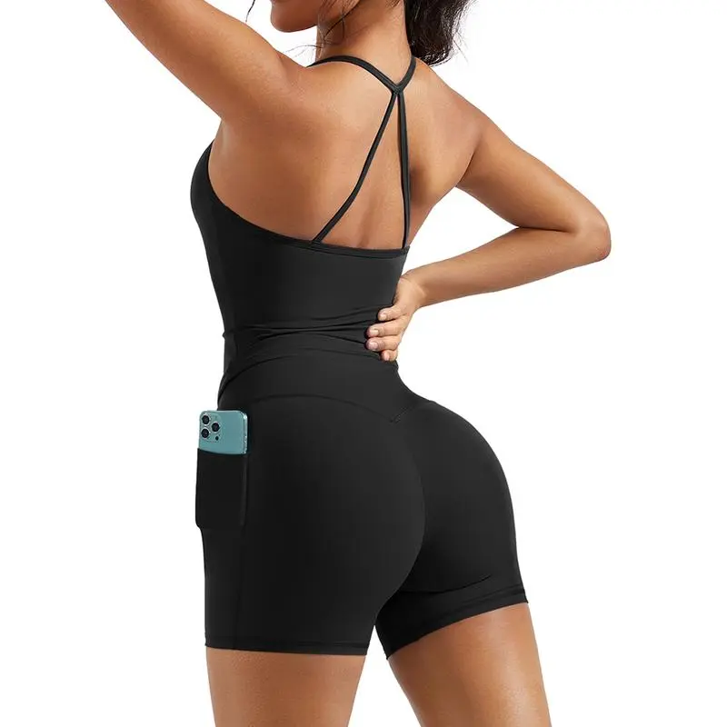 OMKAGI Women's Workout Set - Y-Back Sports Bra, Tank Top, and Booty Biker Shorts with Pockets for Activewear and Fitness Does not apply