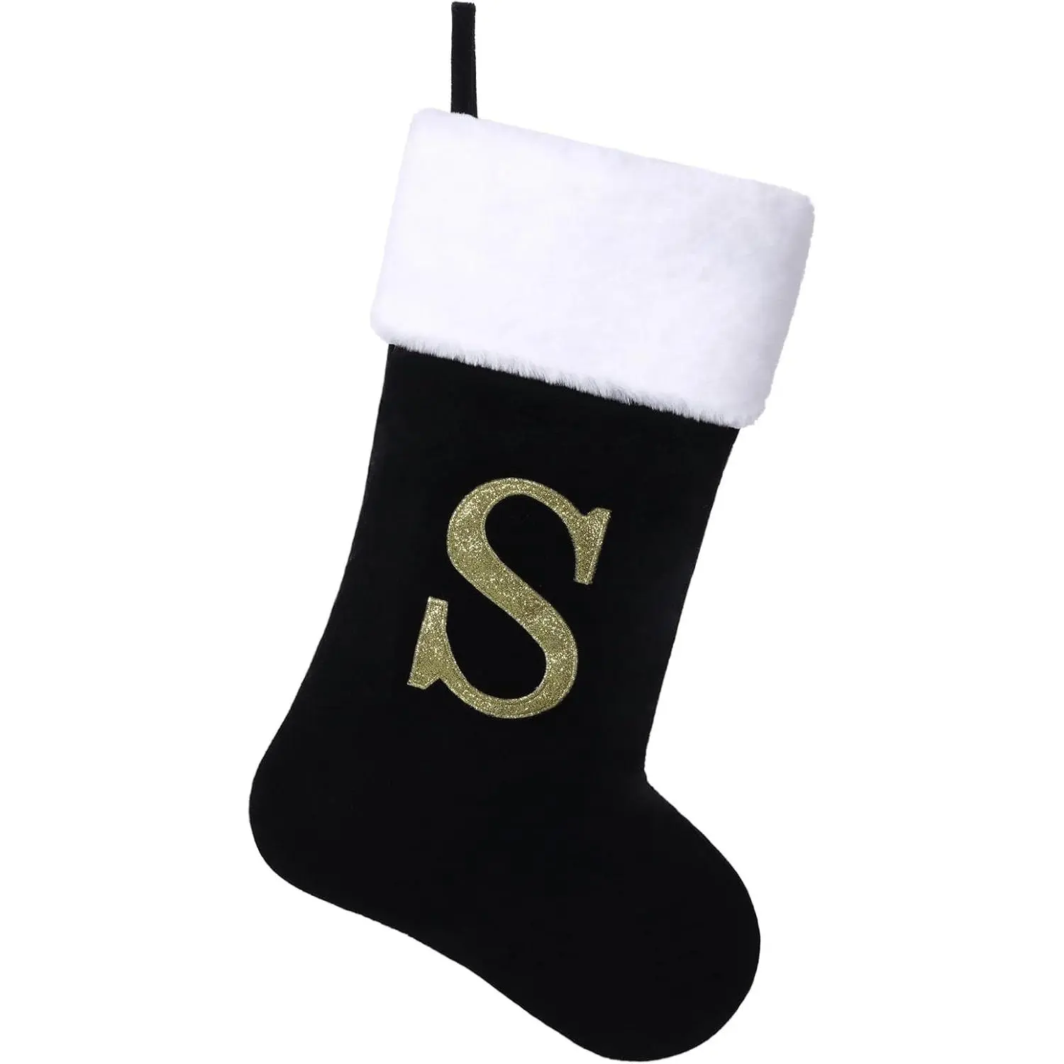 Personalized Black Velvet Christmas Stocking,Embroidered Initial“S” | 20-Inch,Black & White Design, Gold Glitter Letter, Fireplace Hanging, Monogram Initial,holiday decor & Christmas gift