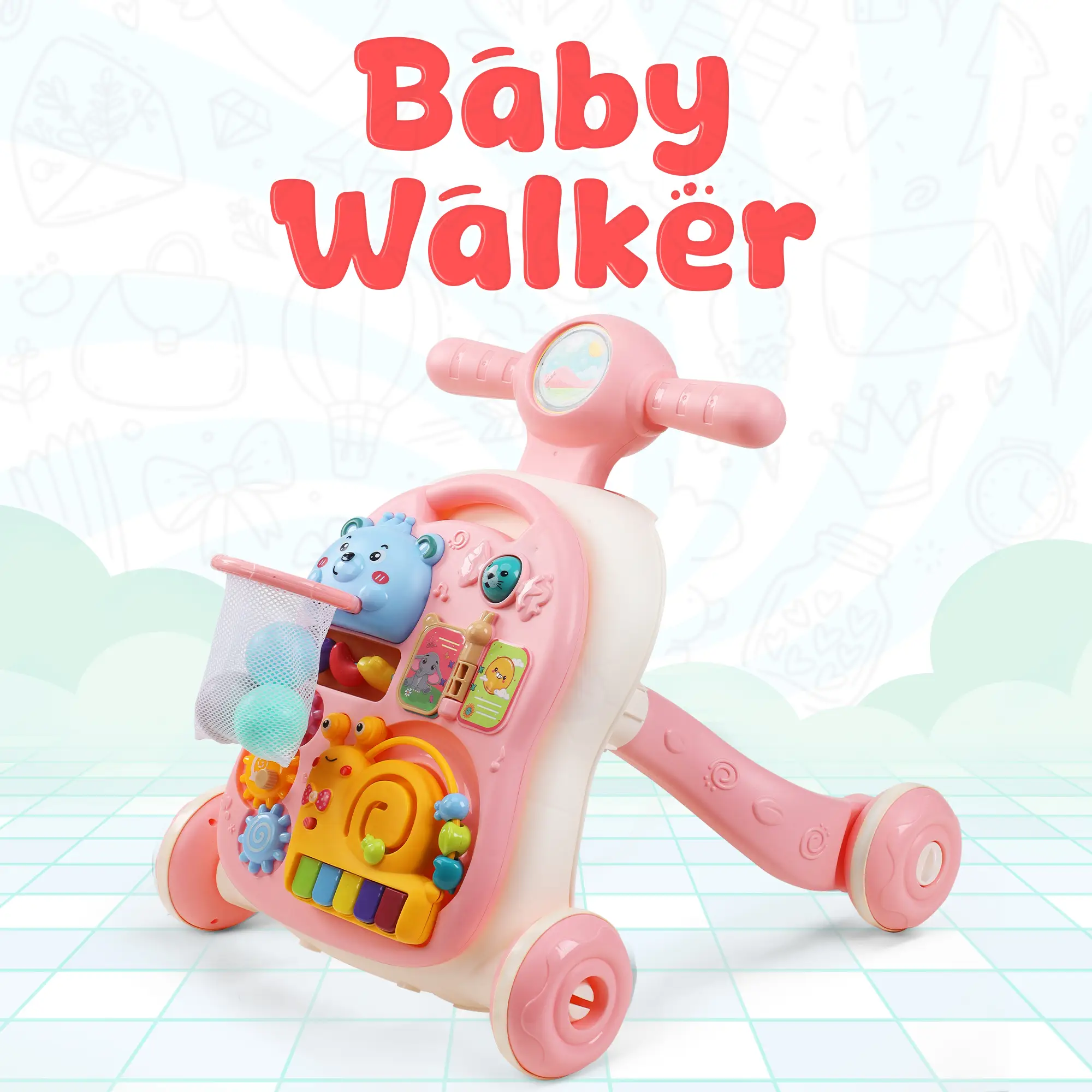 YOLAY 3 in 1 Baby Walker Push with Wheels, Sit-to-Stand Foldable Walker for Baby 6-12 Months, Detachable Play Panel, Stable Handle Cute Rabbit Boys