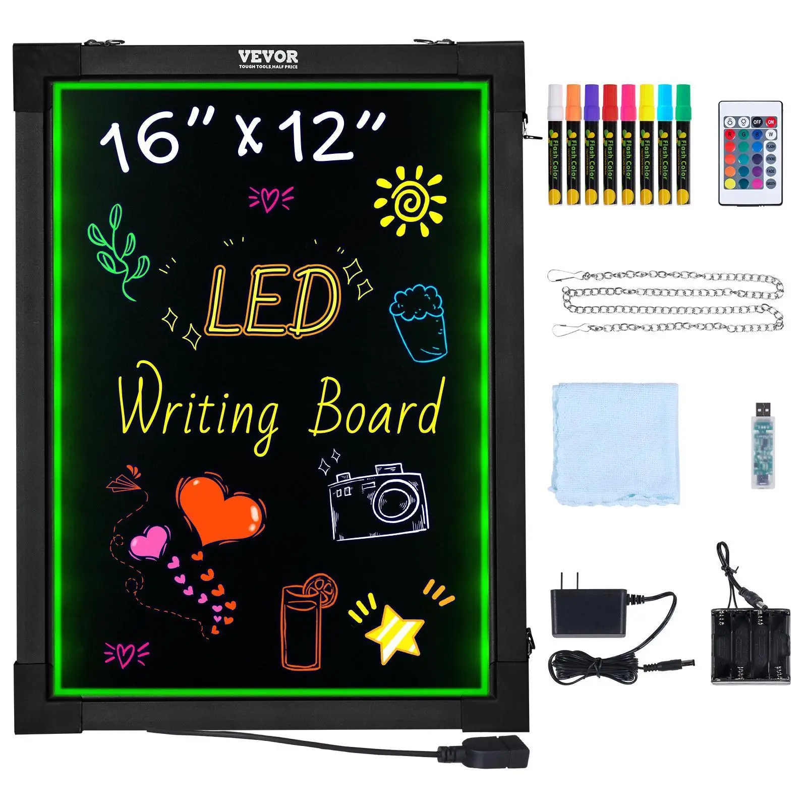 【DealsForYouDays】VEVOR LED Message Writing Board, 16"x12" Illuminated Erasable Lighted Chalkboard, Neon Effect Menu Sign Board, Drawing Board with 8 Fluorescent Chalk Markers and Remote Control, for Home Wedding Shop