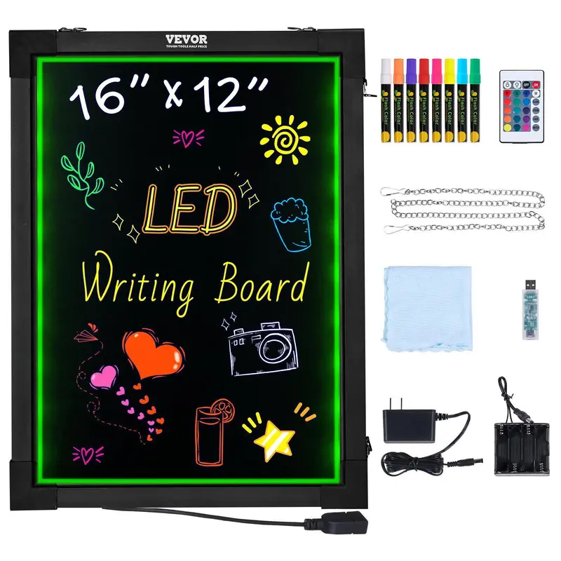 VEVOR LED Message Writing Board, 16"x12" Illuminated Erasable Lighted Chalkboard, Neon Effect Menu Sign Board, Drawing Board with 8 Fluorescent Chalk Markers and Remote Control, for Home Wedding Shop