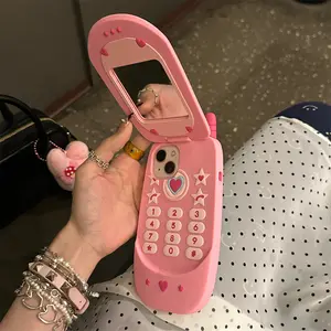 Cute 3D Pink Cellphone Model Flip Mirror Silicone Case For iPhone 16 15 14 13 12 Pro Max 11 Shockproof Soft Cover Gift