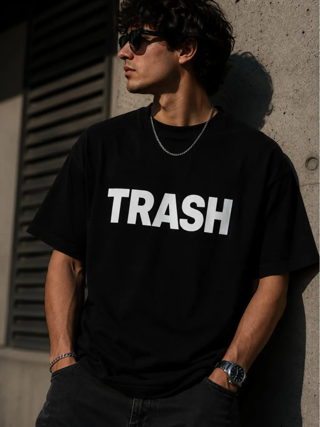 Men's Premium Cotton Basic Short Sleeve Crew Neck T-Shirt - Bold "TRASH" Letter Digital Print, Soft Lightweight, Minimalist Unisex Fit, Black Casual Streetwear Top, Dry Clean, Funny Gift Conversation Starter