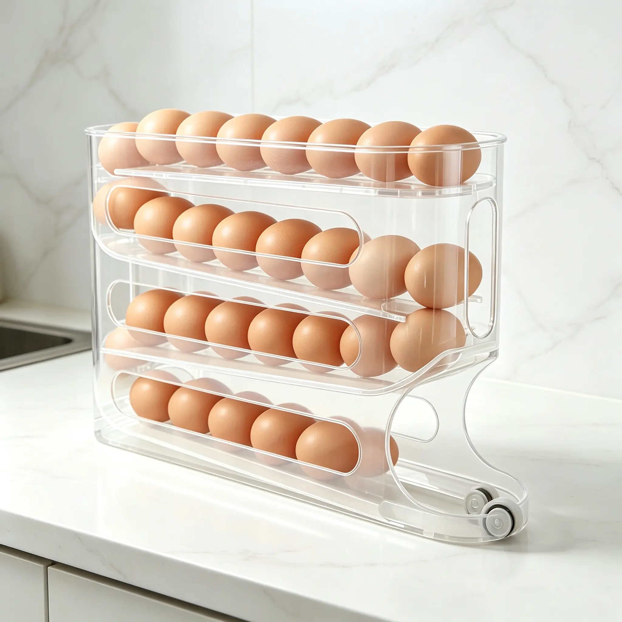 2Pcs Automatic rolling egg storage rack, 4-tier clear plastic egg dispenser holder for refrigerator, space-saving kitchen egg organizer
