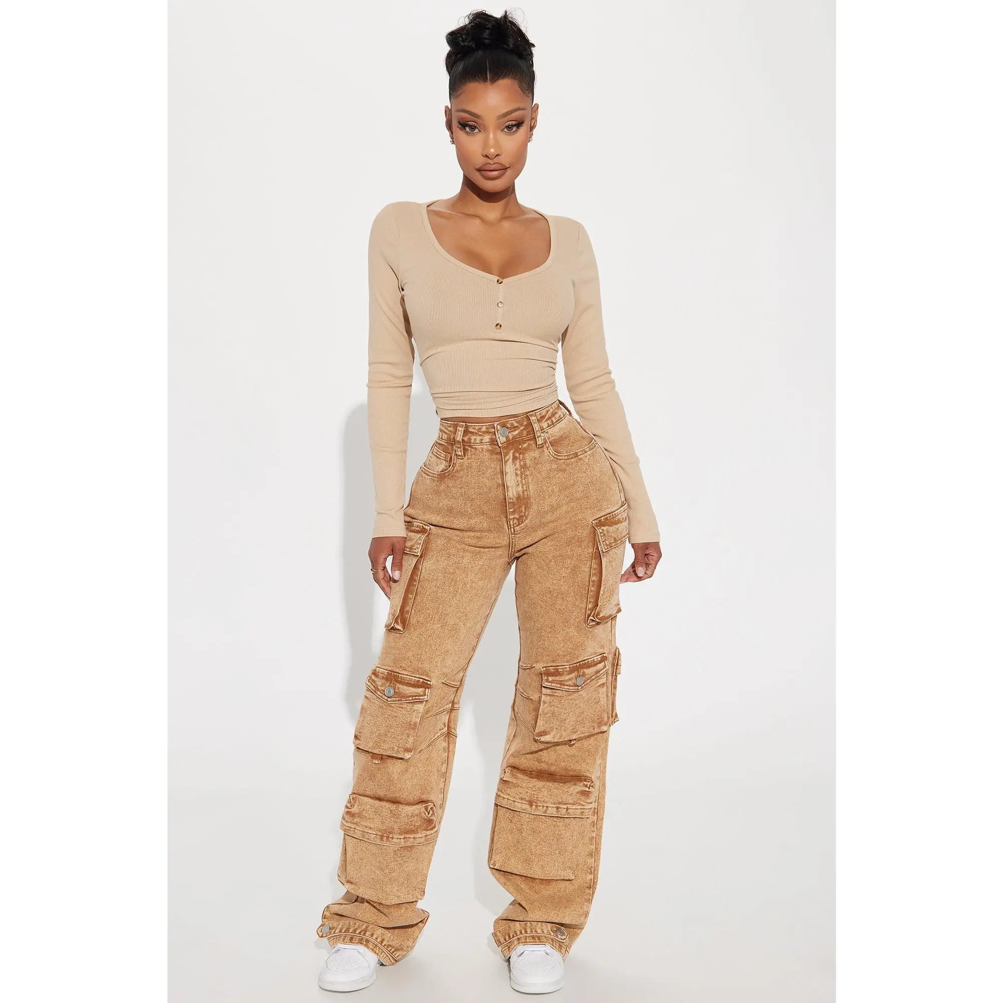 Devoted To It Stretch Cargo Straight Leg Jeans - Brown