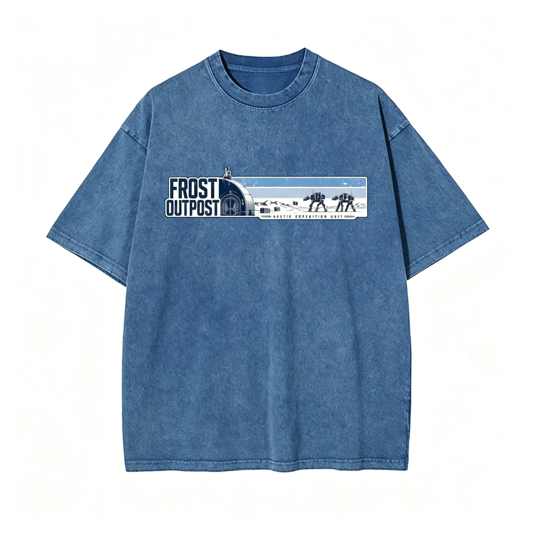 Unisex 100% cotton oversized washed crew neck T-shirt for men and women, Frost Outpost Snow Explorer graphic tee, Arctic Expedition base print, 260 g heavyweight DTG minimalist streetwear shirt, summer casual gift top
