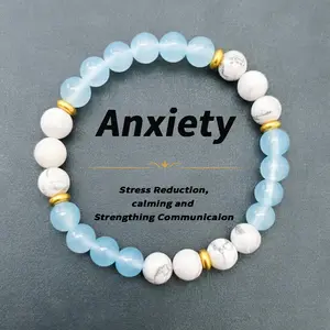 Father's Day Sale Aquamarine and Howlite Crystal Beaded Bracelet with 14K Gold Spacers, Natural Healing Stone Stretch Bracelet for Women and men