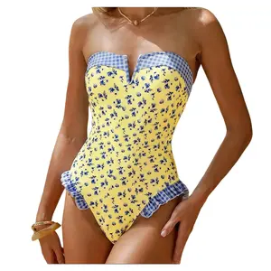 Floral Gingham Patchwork Bandeau V Neck Ruffle One Piece Swimsuit for Women Cute Summer Beach Bathing Suit # Spring Glow Up # SpringStatement print belly coverage casual  style tummy control pool wear vacation party fashion swimsuit new solid color