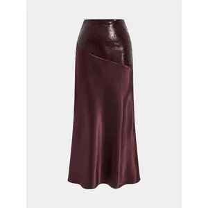 Faux Leather Panel Asymmetric Satin Maxi Skirt
